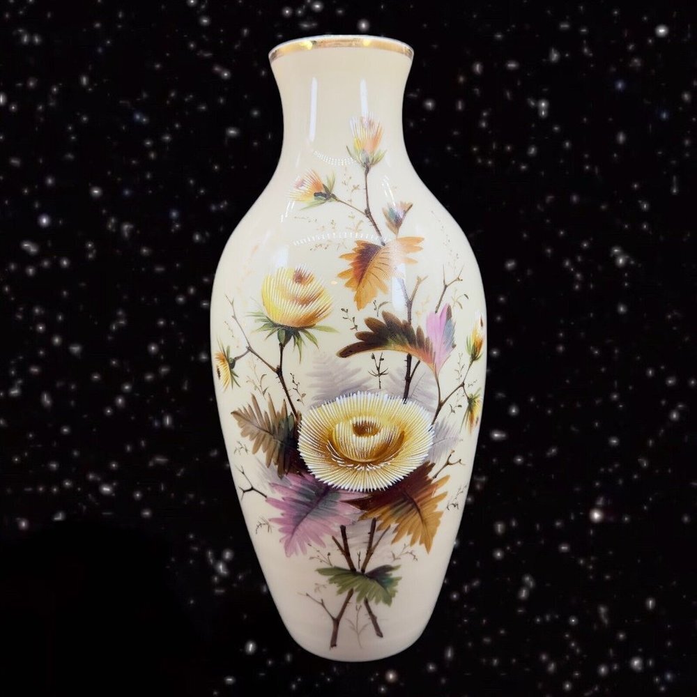 Antique Art Glass‎ Vase Hand Painted Raised Hand Painted Flowers Vintage Vessel